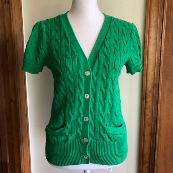 Ralph Lauren Sweaters - RALPH LAUREN Green Cable Short Sleeve Button Front V Neck Cotton Sweater…